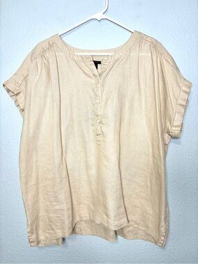 Ann Taylor 100% Linen Oatmeal Tan Mandarin Collar Boxy Top XL
